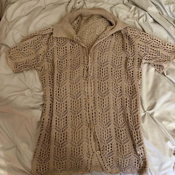 Beige Crochet Button Down Shirt - Picture 2 of 5